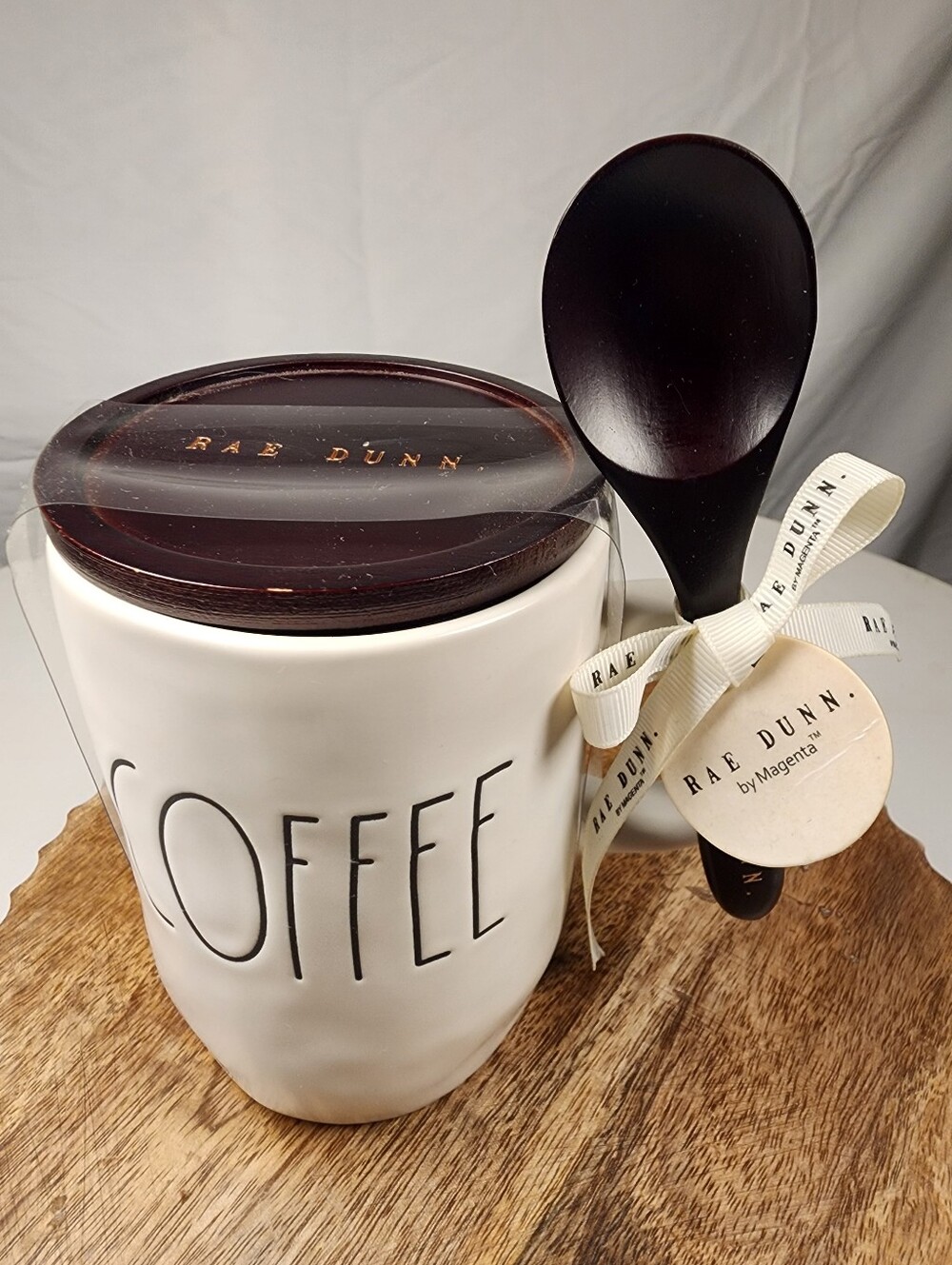 Rae Dunn White 'Coffee' Ceramic Canister with Dark Brown Lid & Spoon